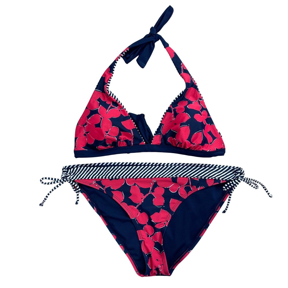 Womens Reversible Bikini Set Medium‎ Navy Pink Floral Nautical Stripe Preppy
